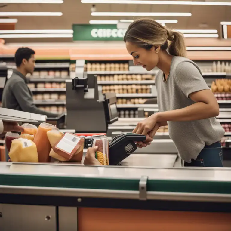 Visual representation of "check out" - To pay for your purchases at a store
