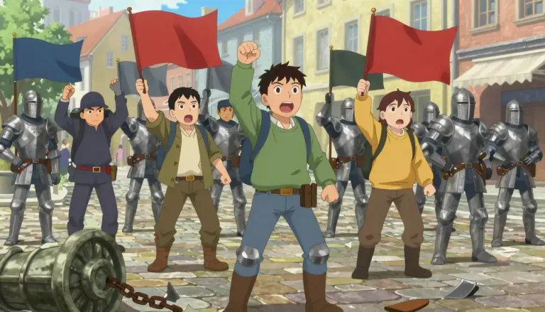 Visual representation of "revolt" - To rise up against authority or control.