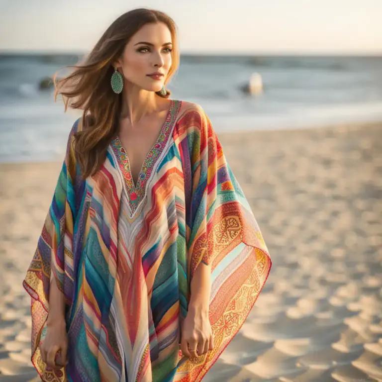 Visual representation of "kaftan" - A type of dress or top that has a straight, loose shape, often made of light, comfortable fabric, worn by women in Western countries.