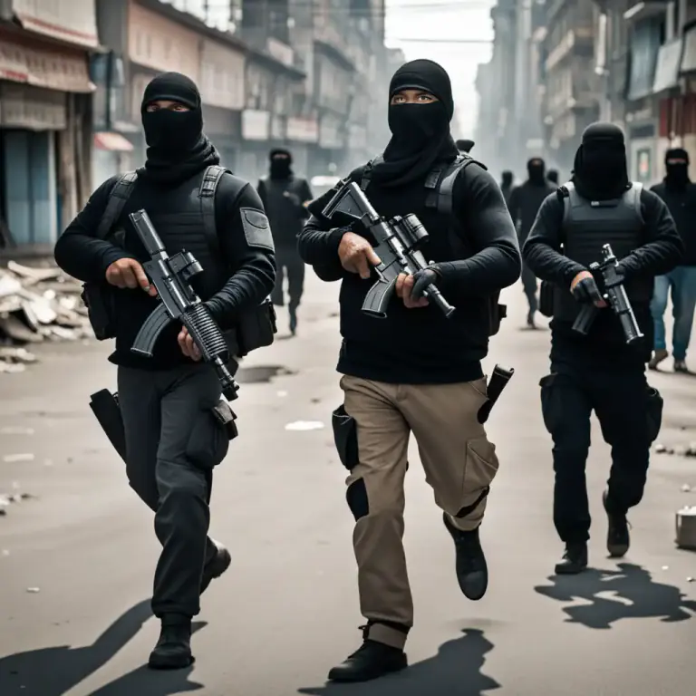 Visual representation of "militia" - An independent group of armed people, often not official but having power in a particular area, sometimes illegal