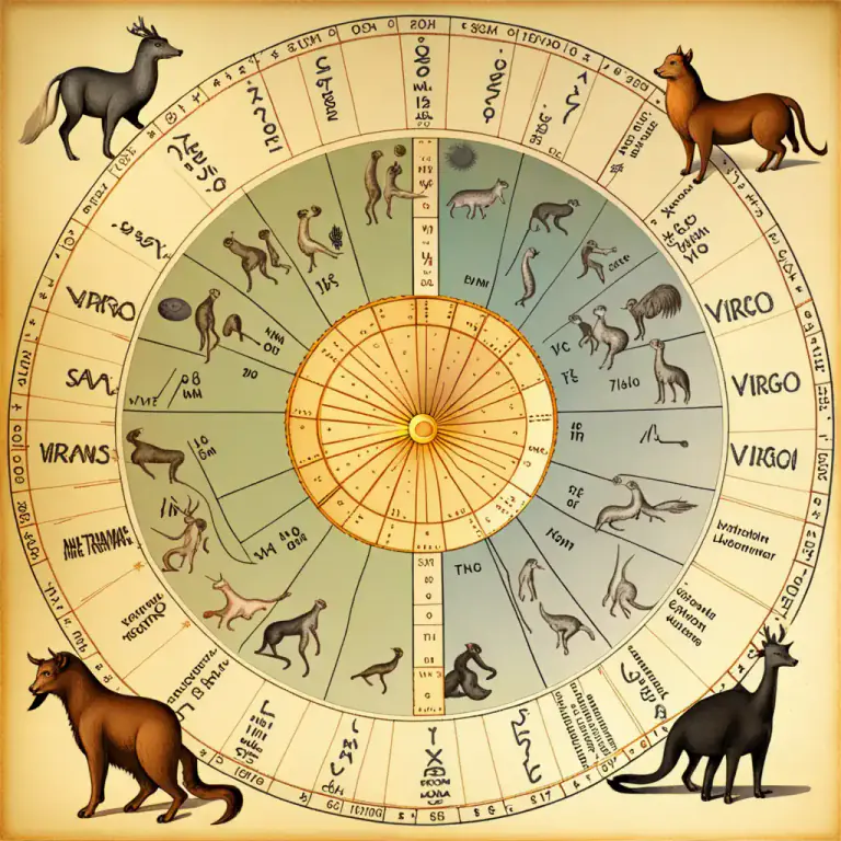 Visual representation of "zodiac" - A system used in astrology that divides the year into 12 different parts, each represented by a symbol of an animal or character