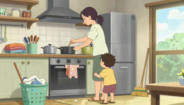 Visual representation of "housewife" - A woman who stays at home to look after the children, cook meals, do the housework, she does not work outside the home.
