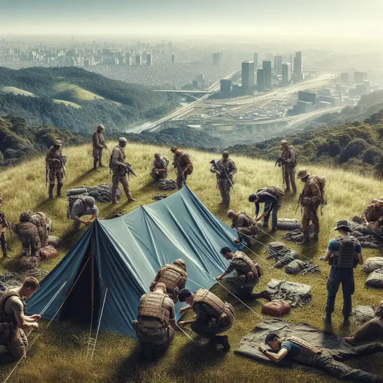Visual representation of "encamp" - To place or establish military forces in a camp.