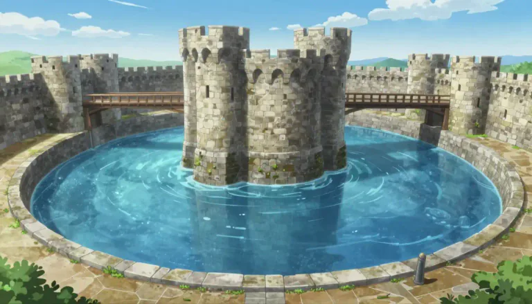 Visual representation of "moat" - A deep, wide ditch surrounding a castle, fort, or town, typically filled with water and intended as a defense against attack.