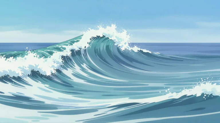 Visual representation of "wave" - A raised line of water that moves across the surface of an ocean, sea, or other body of water.