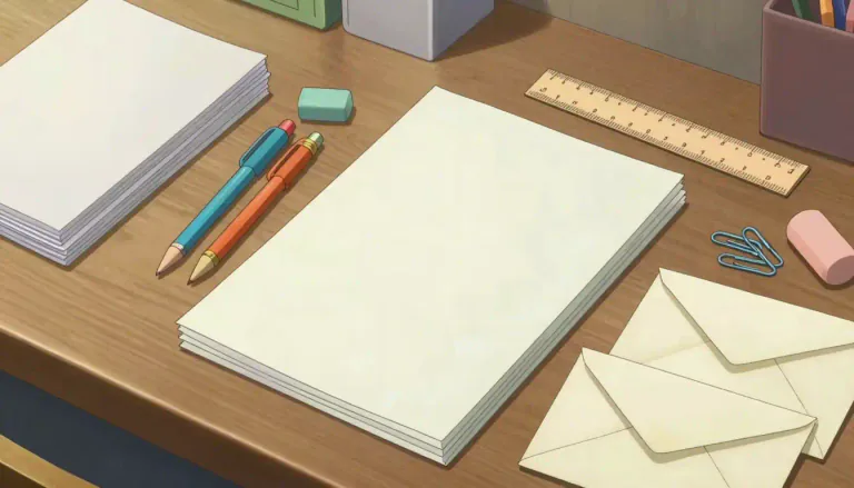 Visual representation of "stationery" - Objects that are needed for writing, such as paper, pens, pencils, envelopes, and so on.