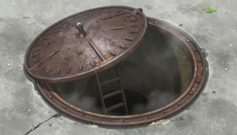 Visual representation of "manhole" - A hole in the ground that leads to a sewer or drain, covered with a metal top.