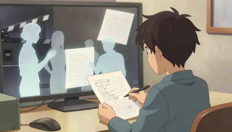 Visual representation of "screenplay" - The written work that presents the dialogue and instructions for a movie or play.