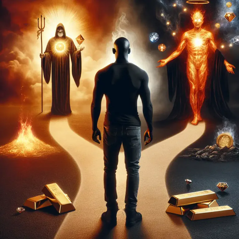 Visual representation of "mammon" - In the Bible, 'mammon' is often personified as a false god, or evil influence, that causes people to become overly attached to wealth.