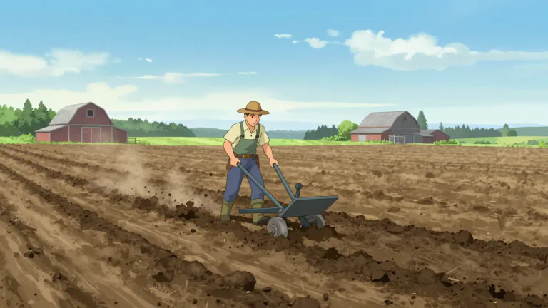 Visual representation of "tillage" - The practice of preparing land for growing crops by plowing or turning.