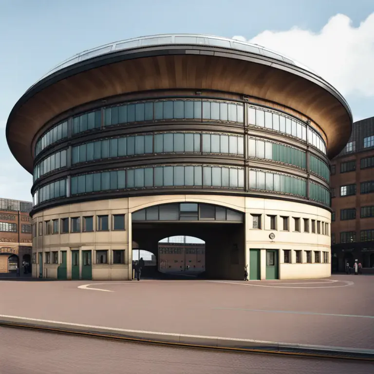 Visual representation of "roundhouse" - A circular building typically used for housing locomotives or machinery.