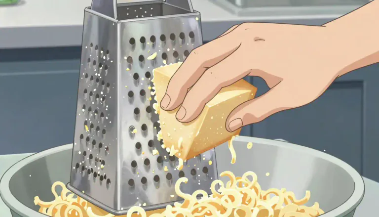 Visual representation of "grate" - To rub something (like cheese or carrots) against a rough surface to make small pieces.