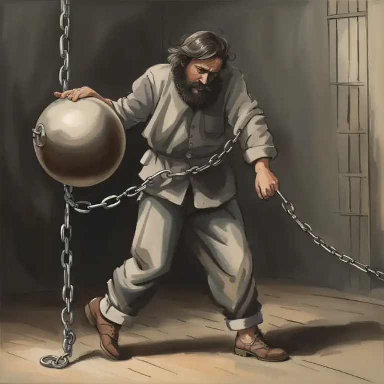 Visual representation of "a ball and chain" - Heavy metal ball attached to a chain and fastened around a prisoner's feet to prevent escape.
