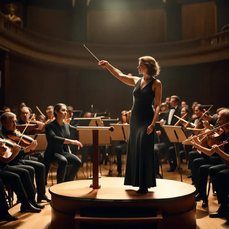 Visual representation of "conductress" - A woman who leads a musical performance by controlling its rhythm, speed, and interpretation.