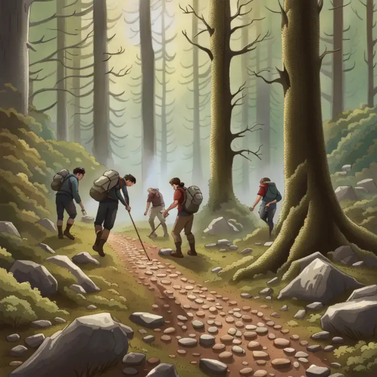 Visual representation of "blaze a trail" - To mark or guide a path or route by leaving indicators (such as cut marks on trees or stones placed regularly)