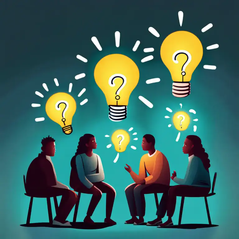 Visual representation of "put our/your/their heads together" - To join others in sharing ideas to solve a problem or come up with a new idea