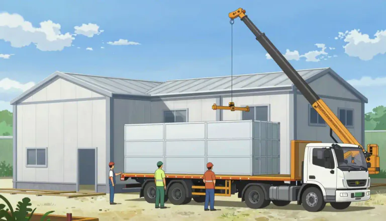 Visual representation of "prefab" - A building that is made in a factory in different parts and put together at its final location.