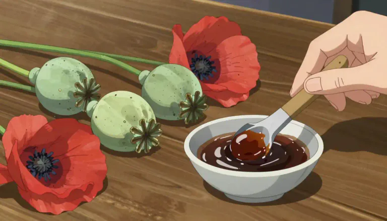 Visual representation of "opium" - A strong drug made from poppy plants, used to relieve severe pain or for pleasure.