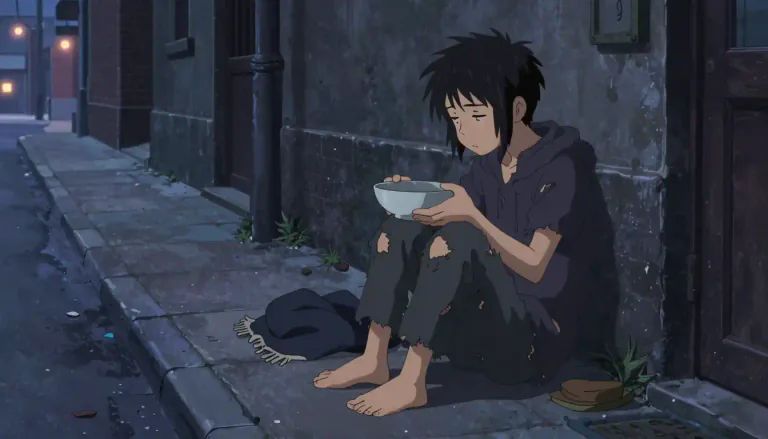 Visual representation of "destitute" - Having no money, no food, no home, and no belongings