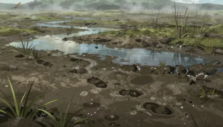 Visual representation of "marshy" - Similar to or like a marsh, wet and muddy