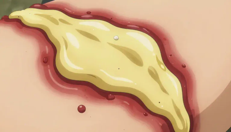 Visual representation of "pus" - A thick fluid produced in infected tissue, typically yellowish and made of white blood cells, dead tissue, and bacteria