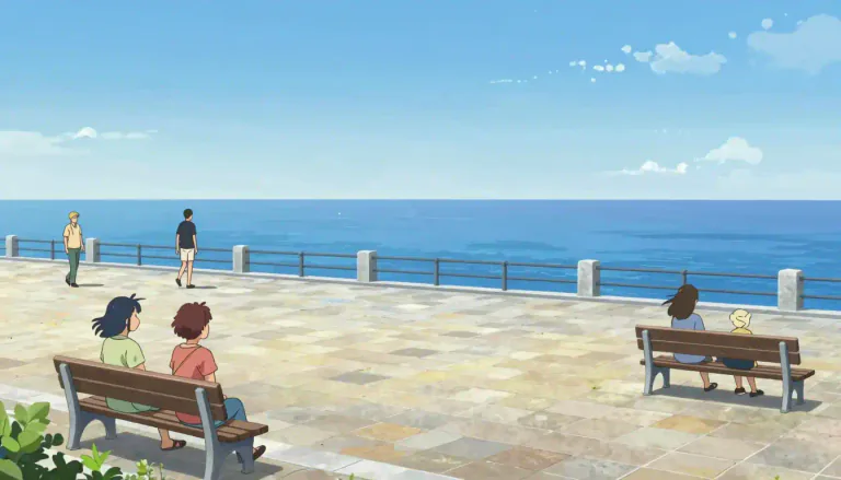 Visual representation of "esplanade" - A wide, open, level area, usually next to the sea, where people can walk or relax.