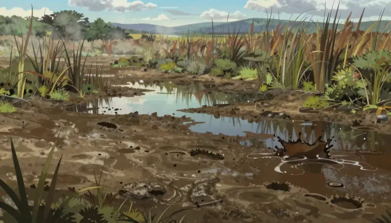 Visual representation of "swampy" - Like a swamp, wet and muddy