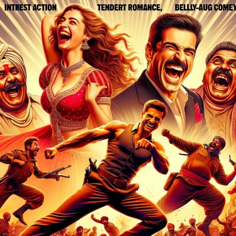 Visual representation of "masala" - A film genre in Indian cinema, mixing action, comedy, and romance.