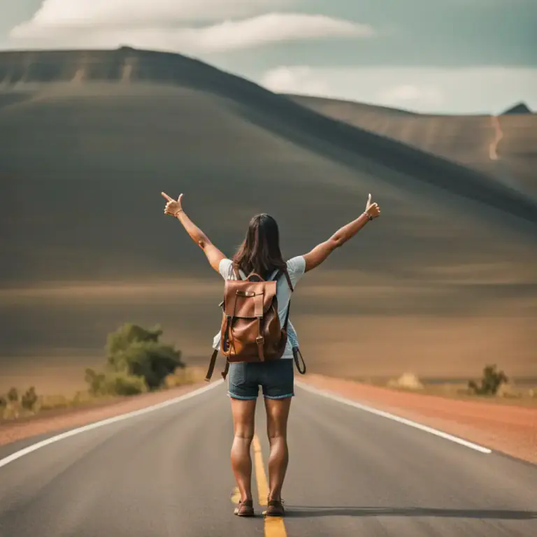 Visual representation of "hitchhike" - The act of traveling by getting free rides from drivers of passing cars