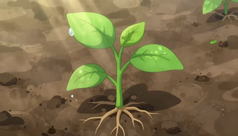 Visual representation of "plant" - A living thing that grows in earth, has leaves, stems and roots, and needs light and water to survive.