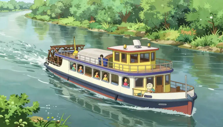 Visual representation of "riverboat" - A boat made specifically for navigating rivers, often used for passenger transport or tourism.