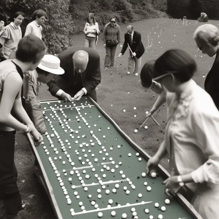 Visual representation of "bagatelle" - A game in which small balls are hit and then roll down a slope with obstacles, to fall into holes with different points.