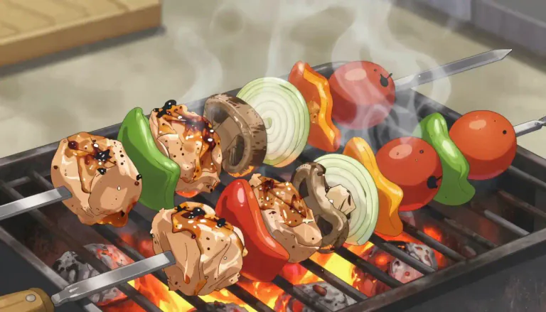 Visual representation of "kabob" - A dish consisting of pieces of meat, fish, or vegetables grilled on a skewer.