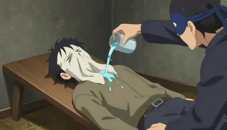 Visual representation of "waterboarding" - A method of torture in which someone is forced to breathe in water.