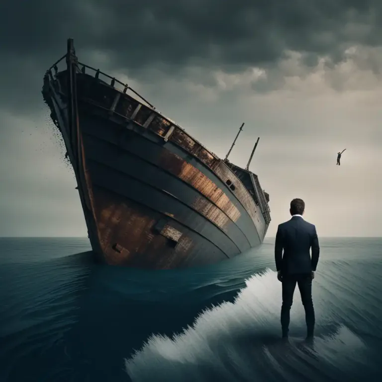 Visual representation of "jump ship" - To leave a relationship or agreement suddenly
