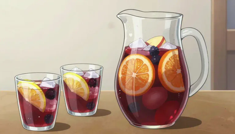 Visual representation of "sangria" - A refreshing beverage made from red wine, fruits, and sometimes additional liqueurs or sweeteners, typically served chilled.