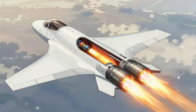 Visual representation of "scramjet" - A type of jet engine that operates efficiently at hypersonic speeds by mixing fuel with air without the need for moving parts to compress the air.