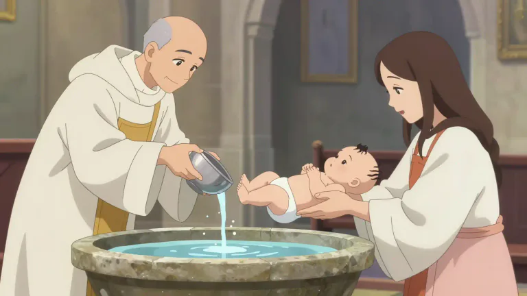 Visual representation of "baptise" - To perform the act of baptizing, which is a Christian ritual of washing someone with water to signify their initiation into the faith.