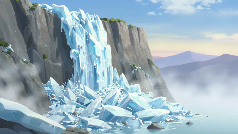 Visual representation of "icefall" - A large mass of ice that flows down a slope or cliff, particularly in a glacier.