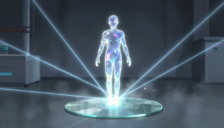 Visual representation of "hologram" - A three-dimensional image created by laser light reflections.