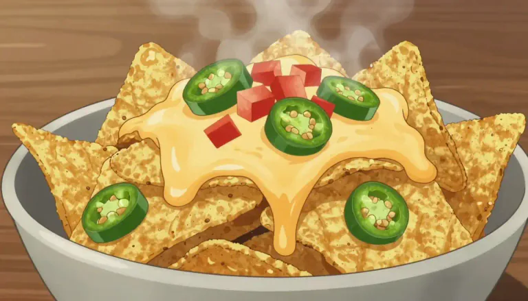 Visual representation of "nachos" - A Mexican dish that consists of tortilla chips covered with cheese and sometimes other toppings, often served as a snack or appetizer.