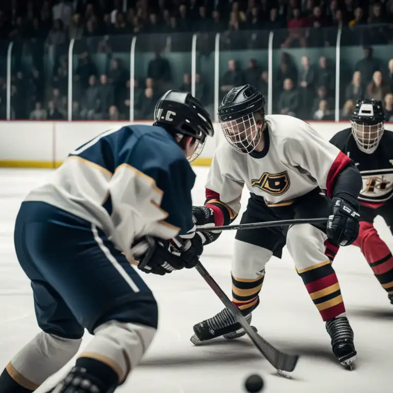 Visual representation of "face off" - In hockey, the act of starting or resuming play by dropping the puck between two opposing players.