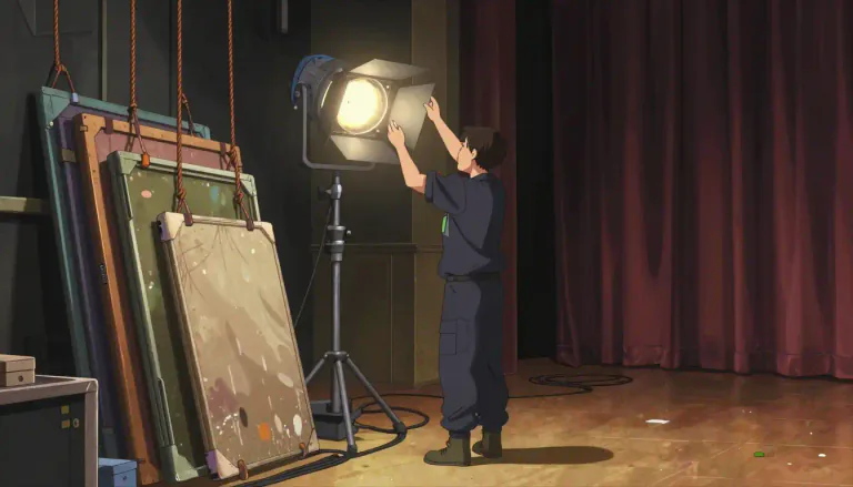 Visual representation of "stagehand" - A person who works backstage at a theater to handle the equipment and scenery.