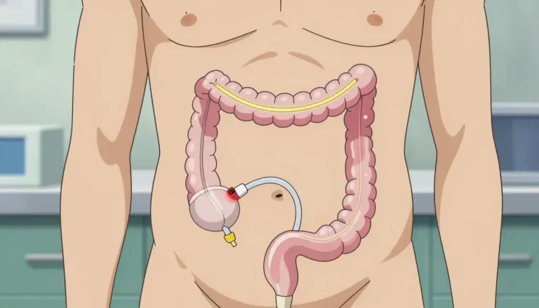 Visual representation of "colostomy" - A surgical operation to create an opening in the abdominal wall by diverting the colon, allowing waste to exit the body.