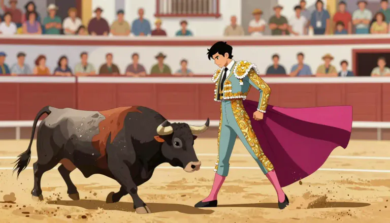 Visual representation of "bullfighting" - A sport where a person, called a matador, fights a bull for entertainment.
