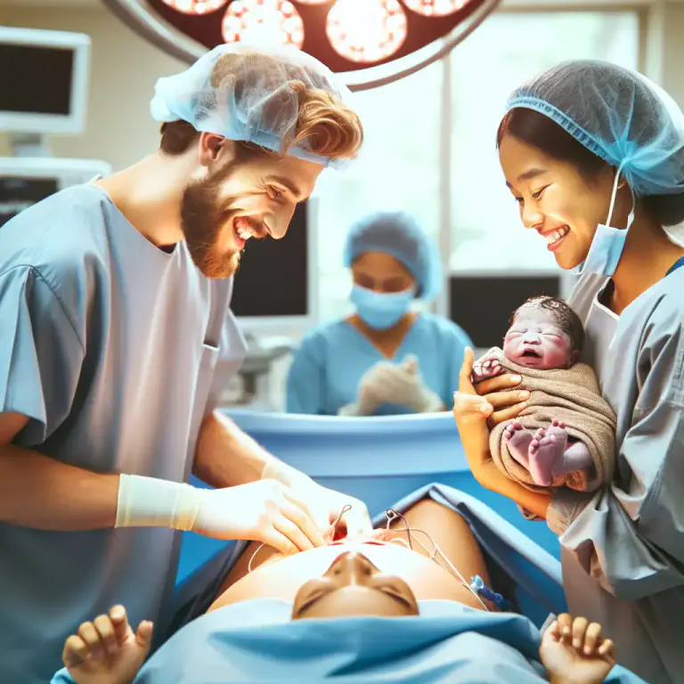 Visual representation of "caesarean" - Relating to the surgical operation where a baby is delivered through a cut in the mother's lower abdomen and womb.