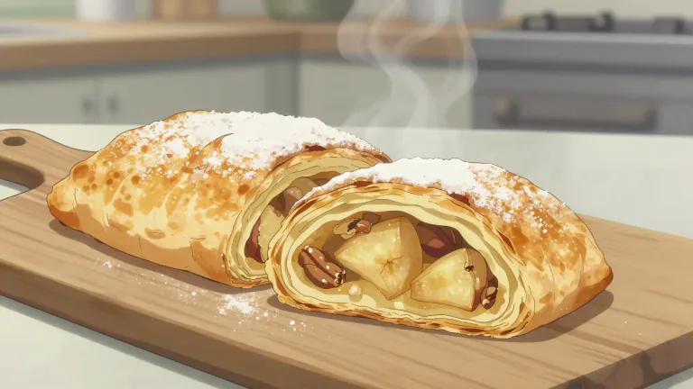 Visual representation of "strudel" - A baked pastry with a filling, typically of fruit, nuts, or cheese, rolled in thin layers of dough.
