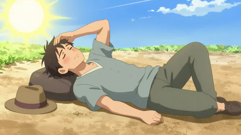 Visual representation of "sunstroke" - A serious condition that happens when someone spends too much time in the sun and becomes very hurt or sick.