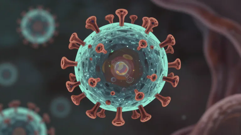 Visual representation of "virion" - A virion is a complete virus particle that is capable of infecting a host cell.