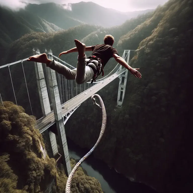 Visual representation of "bungee" - A daring sport which involves jumping from a tall structure while connected to a large elastic cord.